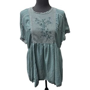 Altered State Sage Embroidered Babydoll Boho Top Medium